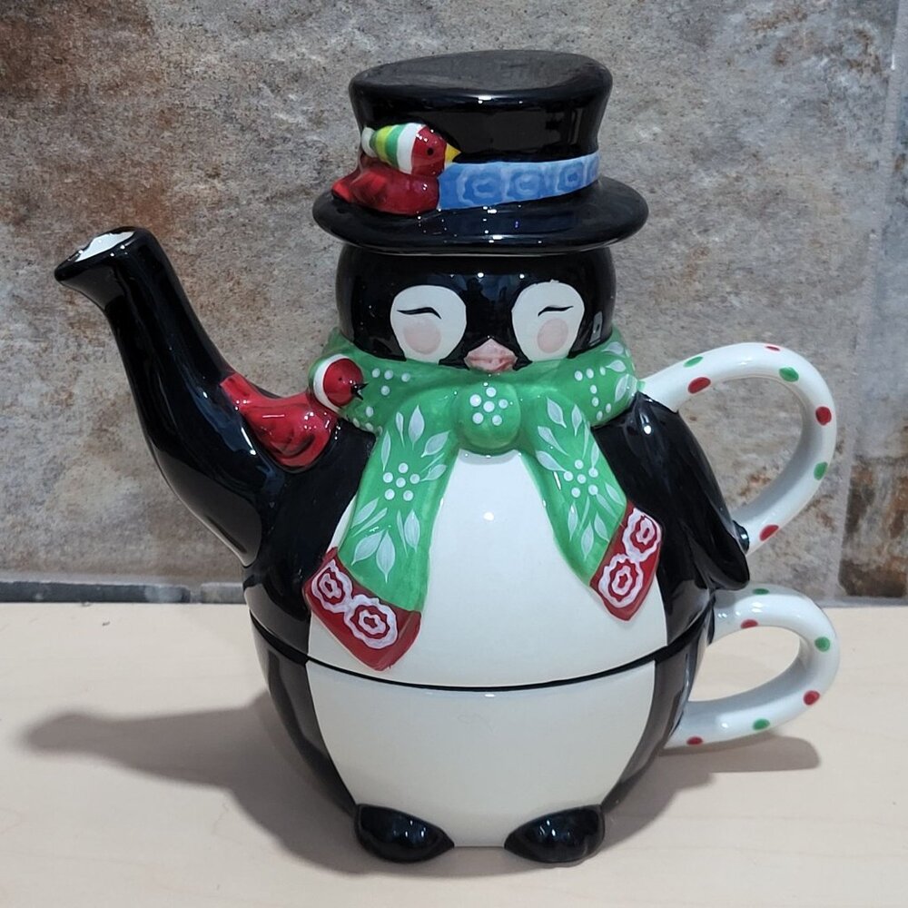 Temptations by Tara 3 Piece Ceramic Stacking Penguin Teapot Mug Cup Set